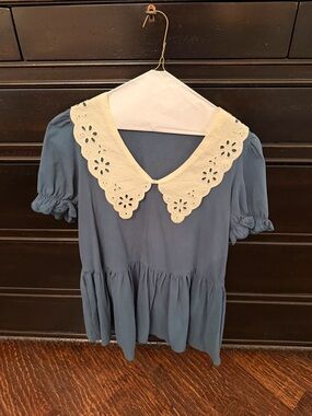 Blue Peplum Top with Scalloped White Eyelet Collar